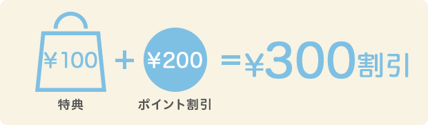 特典100円+ポイント割引200円 = 300円割引