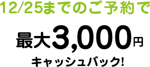 12/25までのご予約で3,000円キャッシュバック! 