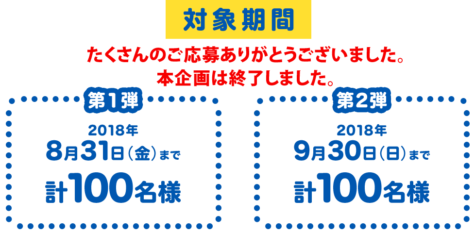 対象期間 今はここ！ 第1弾　2018年8月31日（金）まで　計100名様 第2段 2018年9月30日（日）まで計100名様